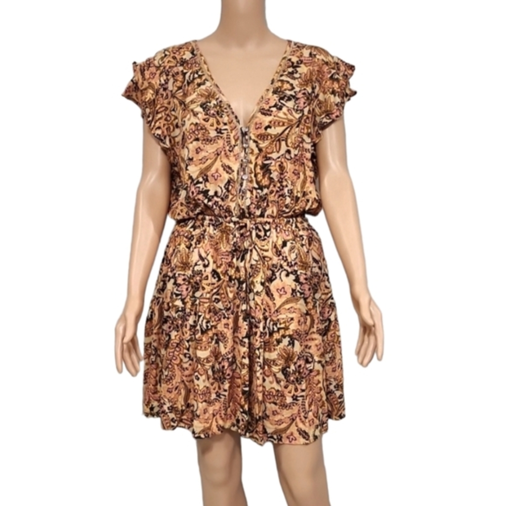 Olivaceous Brown Floral Dress V Neck Ruffle sleeve tie Waist Size L